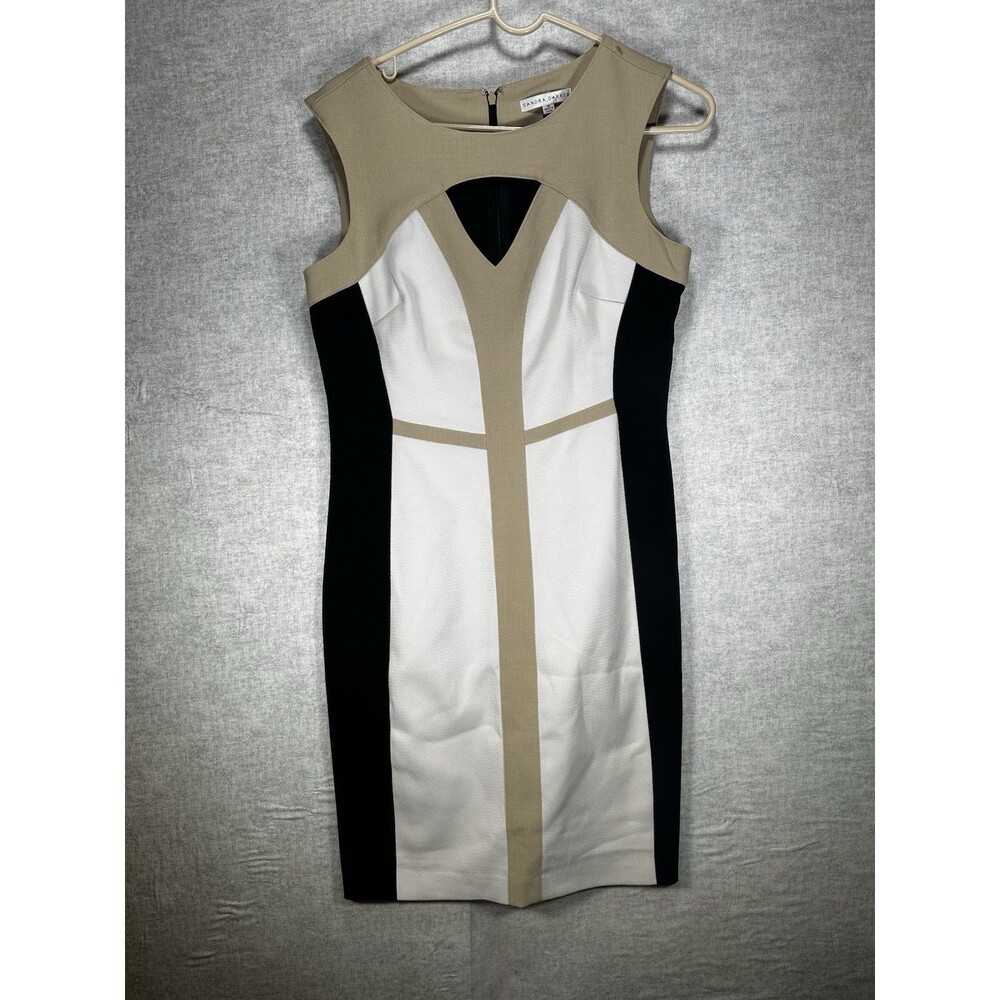Sandra Darren Dress Womens 10 Black Tan Colorblock Knit Sheath Cut Out Neck